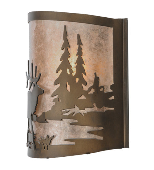 Meyda Lighting Elk at Lake 12" Antique Copper Wall Sconce With Silver Mica Shade Glass