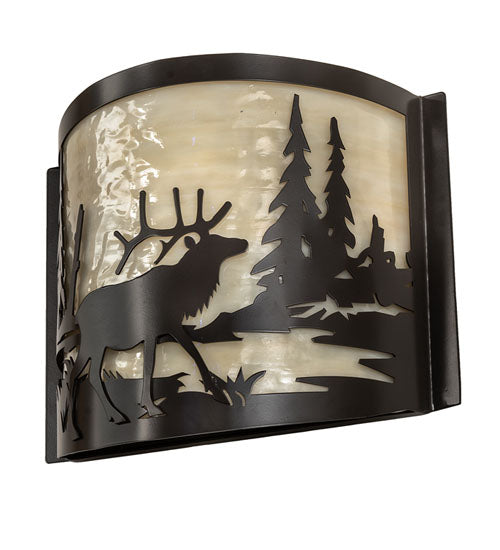 Meyda Lighting Elk at Lake 12" Timeless Bronze Wall Sconce With Beige Art Shade Glass