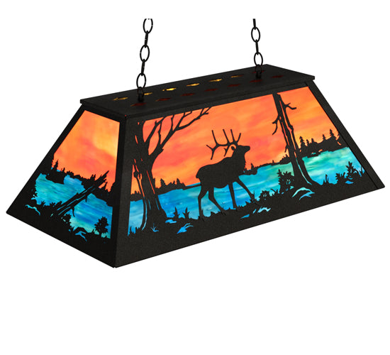 Meyda Lighting Elk at Lake 33" 6-Light Textured Black Island Pendant Light With Orange & Blue Green Art Shade Glass
