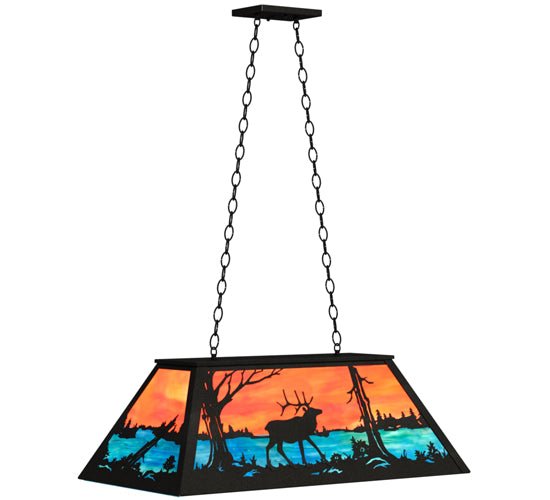 Meyda Lighting Elk at Lake 33" 6-Light Textured Black Island Pendant Light With Orange & Blue Green Art Shade Glass