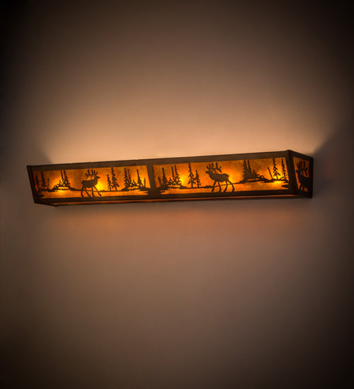 Meyda Lighting Elk at Lake 36" 6-Light Antique Copper Vanity Light With Amber Mica Shade Glass