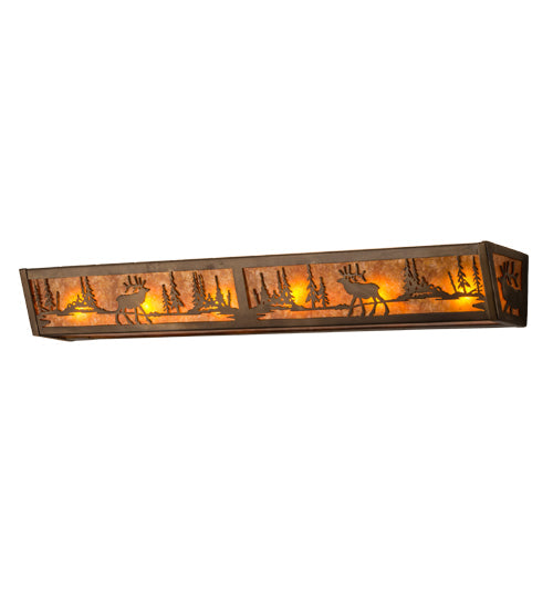 Meyda Lighting Elk at Lake 36" 6-Light Antique Copper Vanity Light With Amber Mica Shade Glass