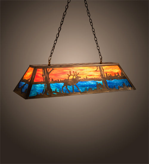 Meyda Lighting Elk at Lake 48" 9-Light Antique Copper Island Pendant Light With Orange & Blue Green Art Shade Glass