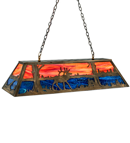 Meyda Lighting Elk at Lake 48" 9-Light Antique Copper Island Pendant Light With Orange & Blue Green Art Shade Glass