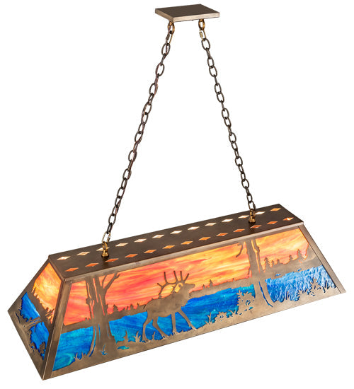 Meyda Lighting Elk at Lake 48" 9-Light Antique Copper Island Pendant Light With Orange & Blue Green Art Shade Glass