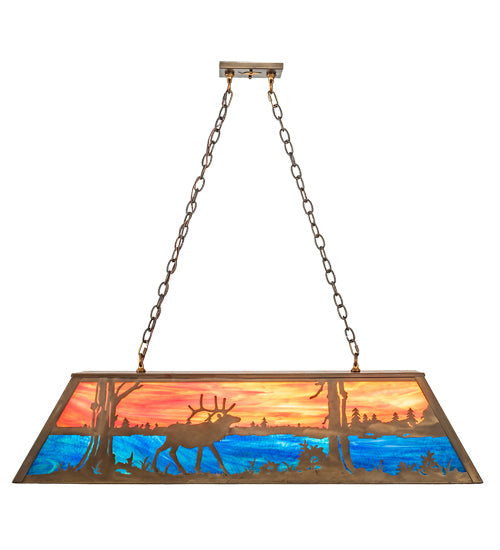 Meyda Lighting Elk at Lake 48" 9-Light Antique Copper Island Pendant Light With Orange & Blue Green Art Shade Glass