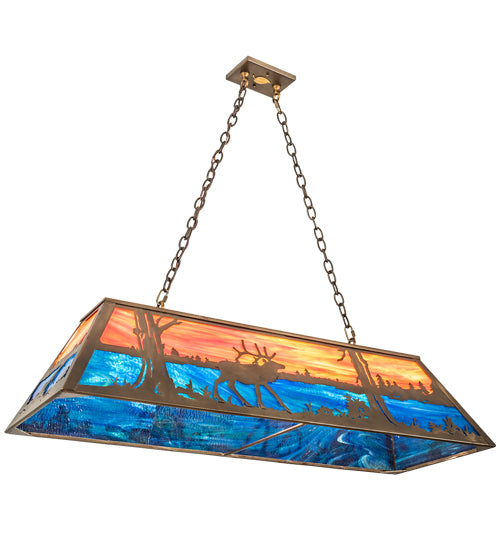 Meyda Lighting Elk at Lake 48" 9-Light Antique Copper Island Pendant Light With Orange & Blue Green Art Shade Glass