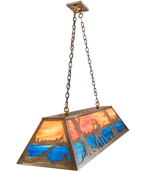 Meyda Lighting Elk at Lake 48" 9-Light Antique Copper Island Pendant Light With Orange & Blue Green Art Shade Glass