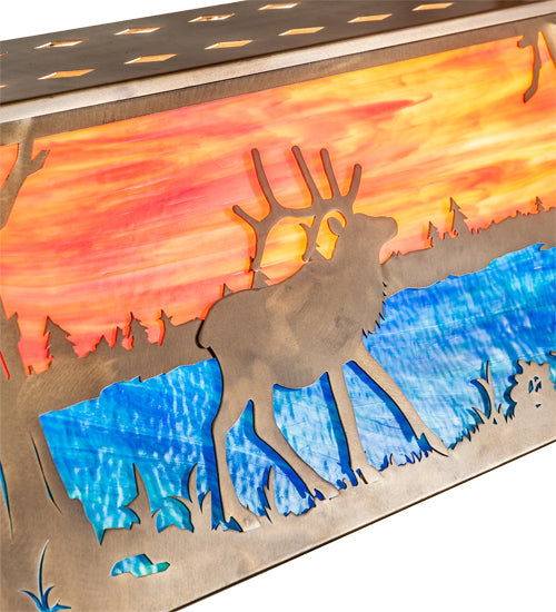 Meyda Lighting Elk at Lake 48" 9-Light Antique Copper Island Pendant Light With Orange & Blue Green Art Shade Glass