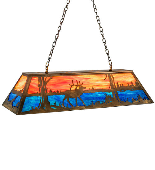 Meyda Lighting Elk at Lake 48" 9-Light Antique Copper Island Pendant Light With Orange & Blue Green Art Shade Glass