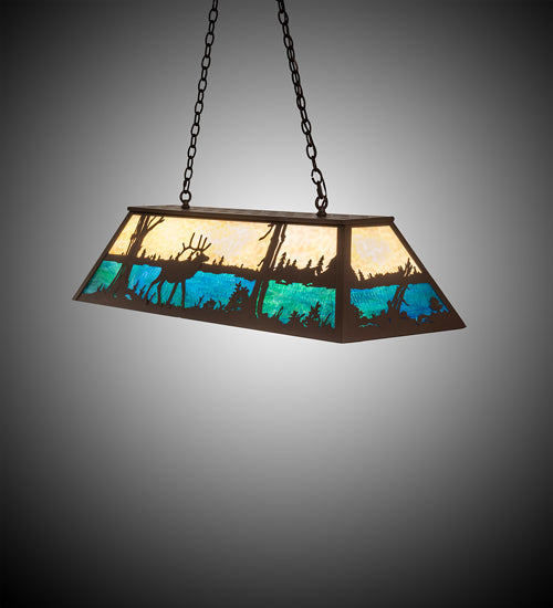 Meyda Lighting Elk at Lake 48" 9-Light Cafe Noir Island Pendant Light With Beige & Blue Green Ripple Art Shade Glass