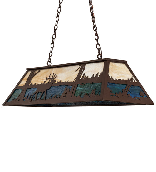 Meyda Lighting Elk at Lake 48" 9-Light Cafe Noir Island Pendant Light With Beige & Blue Green Ripple Art Shade Glass