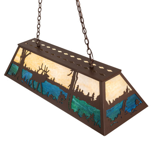 Meyda Lighting Elk at Lake 48" 9-Light Cafe Noir Island Pendant Light With Beige & Blue Green Ripple Art Shade Glass