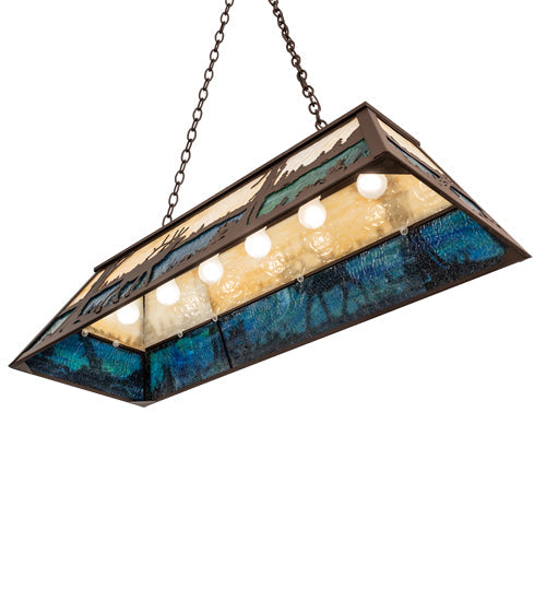 Meyda Lighting Elk at Lake 48" 9-Light Cafe Noir Island Pendant Light With Beige & Blue Green Ripple Art Shade Glass