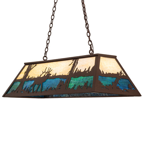 Meyda Lighting Elk at Lake 48" 9-Light Cafe Noir Island Pendant Light With Beige & Blue Green Ripple Art Shade Glass