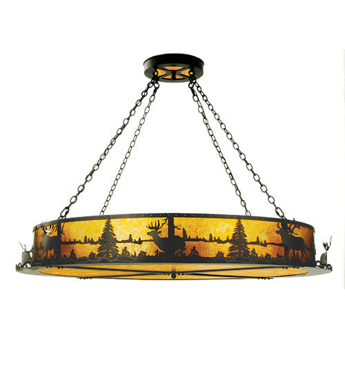 Meyda Lighting Elk at Lake 60" 12-Light Textured Black Inverted Pendant Light With Amber Mica Shade Glass
