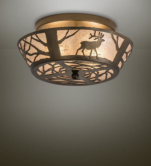 Meyda Lighting Elk on the Loose 16" 2-Light Antique Copper Flush Mount Light With Silver Mica Shade Glass