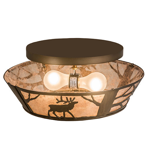 Meyda Lighting Elk on the Loose 16" 2-Light Antique Copper Flush Mount Light With Silver Mica Shade Glass