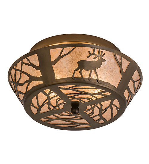 Meyda Lighting Elk on the Loose 16" 2-Light Antique Copper Flush Mount Light With Silver Mica Shade Glass