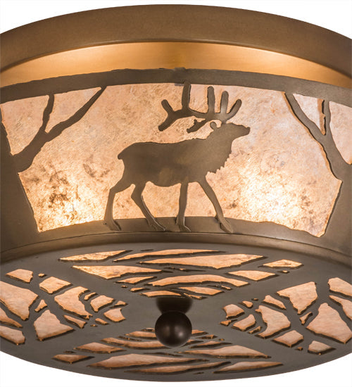 Meyda Lighting Elk on the Loose 16" 2-Light Antique Copper Flush Mount Light With Silver Mica Shade Glass