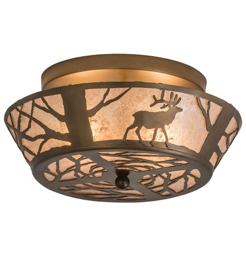 Meyda Lighting Elk on the Loose 16" 2-Light Antique Copper Flush Mount Light With Silver Mica Shade Glass