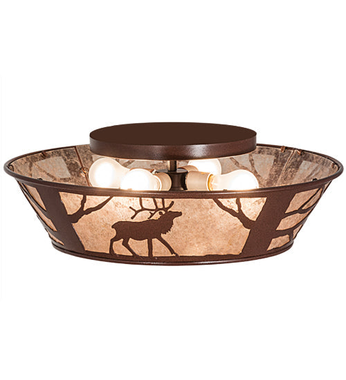 Meyda Lighting Elk on the Loose 22" 4-Light Rust Flush Mount Light With Silver Mica Shade Glass