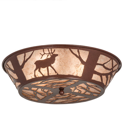 Meyda Lighting Elk on the Loose 22" 4-Light Rust Flush Mount Light With Silver Mica Shade Glass
