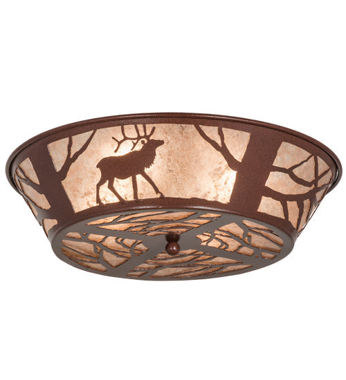 Meyda Lighting Elk on the Loose 22" 4-Light Rust Flush Mount Light With Silver Mica Shade Glass
