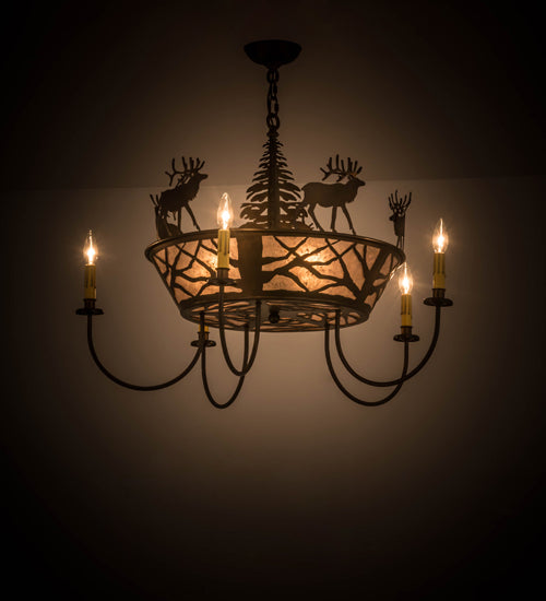 Meyda Lighting Elk on the Loose 34" 8-Light Antique Copper Chandelier With Silver Mica Shade Glass and Amber Faux Candlelight
