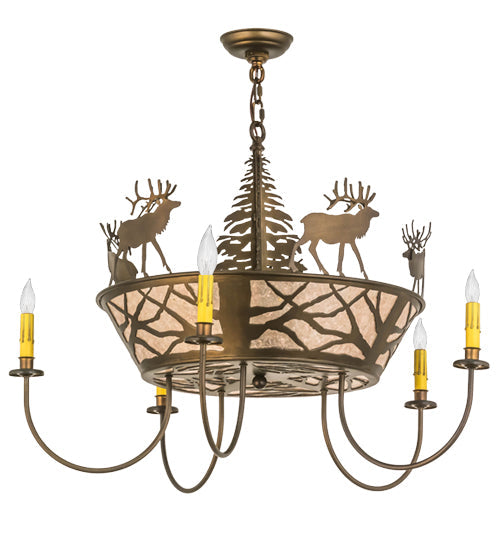 Meyda Lighting Elk on the Loose 34" 8-Light Antique Copper Chandelier With Silver Mica Shade Glass and Amber Faux Candlelight