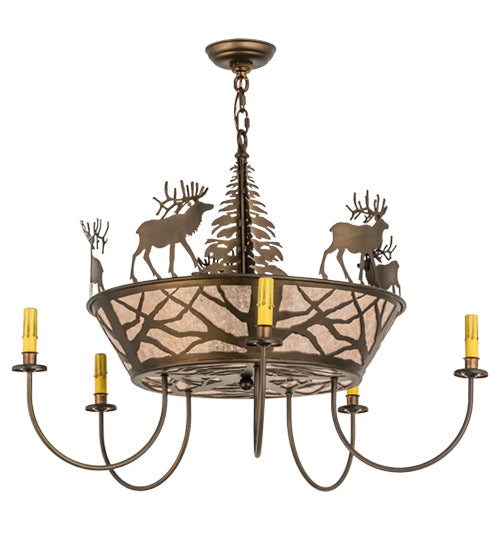 Meyda Lighting Elk on the Loose 34" 8-Light Antique Copper Chandelier With Silver Mica Shade Glass and Amber Faux Candlelight