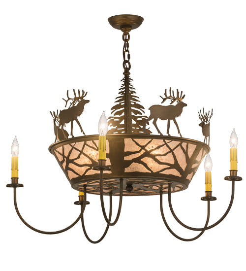 Meyda Lighting Elk on the Loose 34" 8-Light Antique Copper Chandelier With Silver Mica Shade Glass and Amber Faux Candlelight