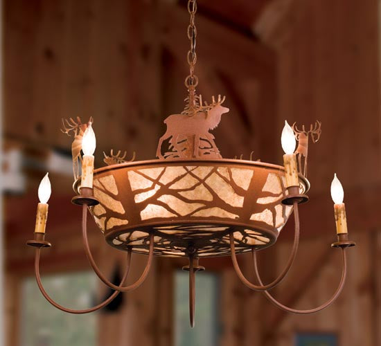 Meyda Lighting Elk on the Loose 35" 8-Light 5-Arm Rust Chandelier With Silver Mica Shade Glass