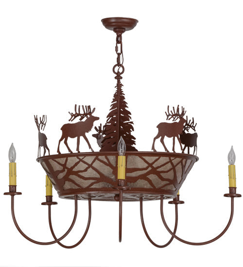 Meyda Lighting Elk on the Loose 35" 8-Light 5-Arm Rust Chandelier With Silver Mica Shade Glass