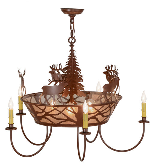 Meyda Lighting Elk on the Loose 35" 8-Light 5-Arm Rust Chandelier With Silver Mica Shade Glass
