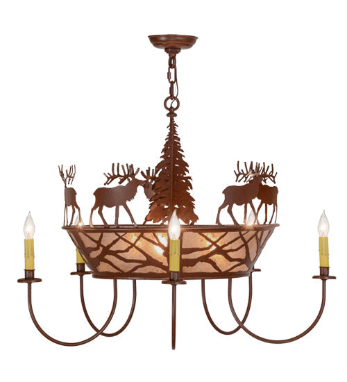 Meyda Lighting Elk on the Loose 35" 8-Light 5-Arm Rust Chandelier With Silver Mica Shade Glass