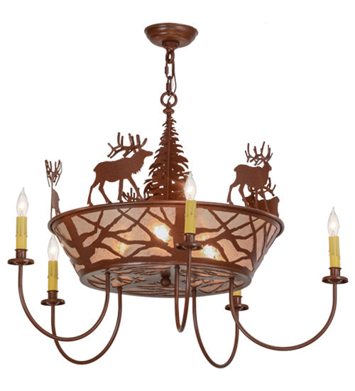 Meyda Lighting Elk on the Loose 35" 8-Light 5-Arm Rust Chandelier With Silver Mica Shade Glass