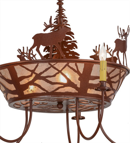 Meyda Lighting Elk on the Loose 35" 8-Light 5-Arm Rust Chandelier With Silver Mica Shade Glass