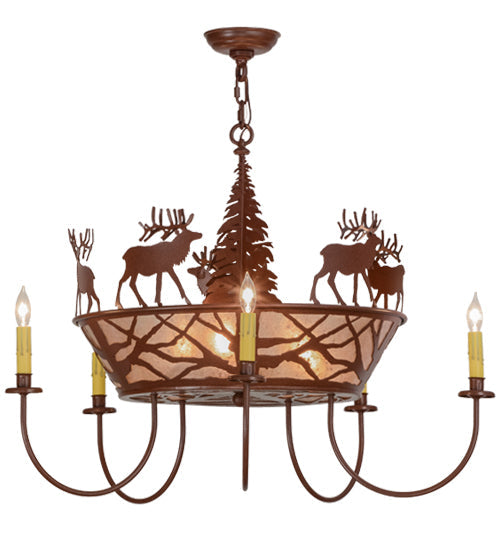 Meyda Lighting Elk on the Loose 35" 8-Light 5-Arm Rust Chandelier With Silver Mica Shade Glass
