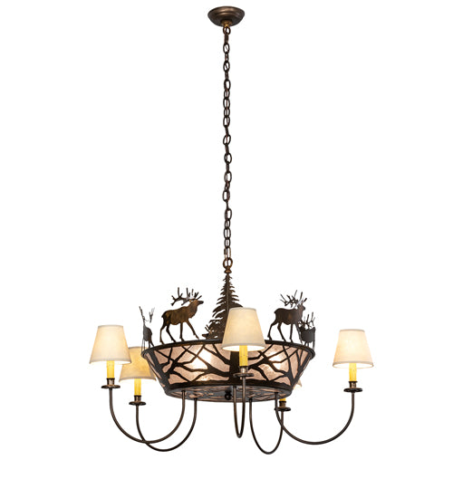 Meyda Lighting Elk on the Loose 35" 8-Light Antique Copper Chandelier With Silver Mica Glass & Aged Celadon Parchment Shade