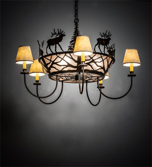 Meyda Lighting Elk on the Loose 35" 8-Light Antique Copper Chandelier With Silver Mica Glass & Aged Celadon Parchment Shade