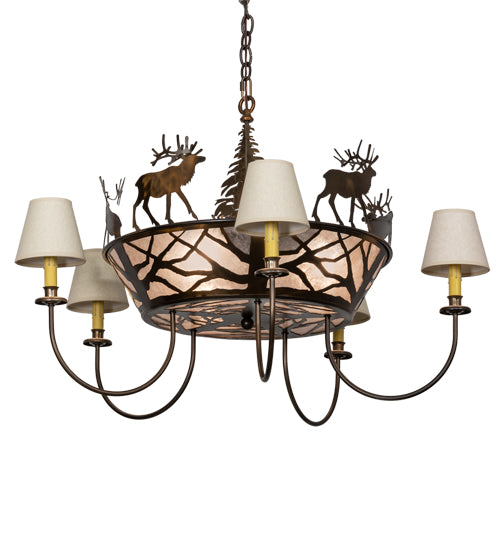 Meyda Lighting Elk on the Loose 35" 8-Light Antique Copper Chandelier With Silver Mica Glass & Aged Celadon Parchment Shade