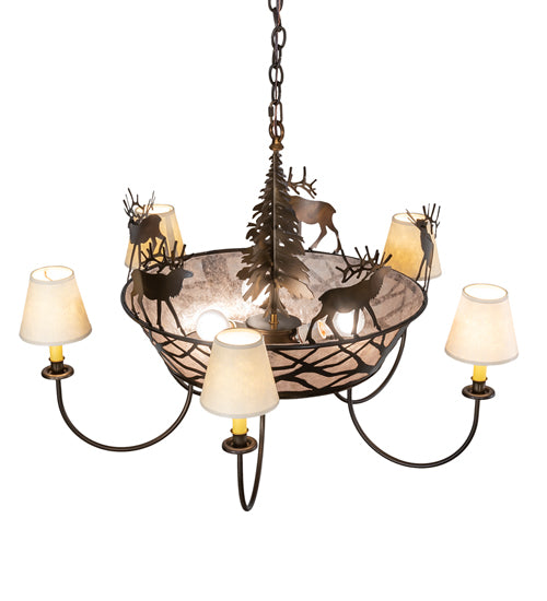 Meyda Lighting Elk on the Loose 35" 8-Light Antique Copper Chandelier With Silver Mica Glass & Aged Celadon Parchment Shade