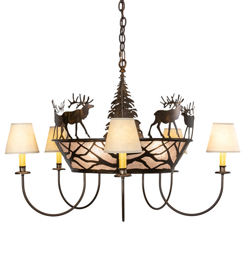 Meyda Lighting Elk on the Loose 35" 8-Light Antique Copper Chandelier With Silver Mica Glass & Aged Celadon Parchment Shade