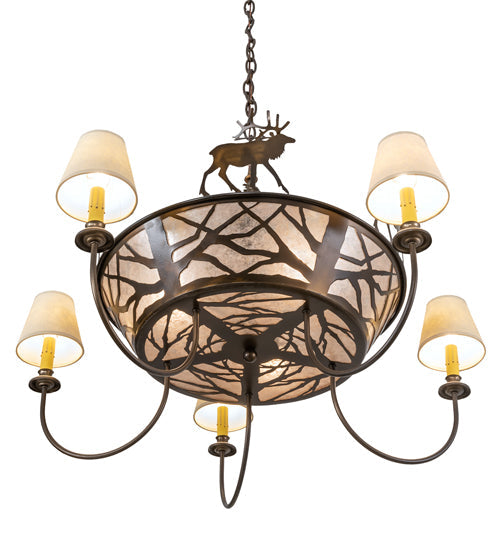 Meyda Lighting Elk on the Loose 35" 8-Light Antique Copper Chandelier With Silver Mica Glass & Aged Celadon Parchment Shade