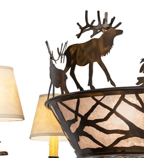 Meyda Lighting Elk on the Loose 35" 8-Light Antique Copper Chandelier With Silver Mica Glass & Aged Celadon Parchment Shade