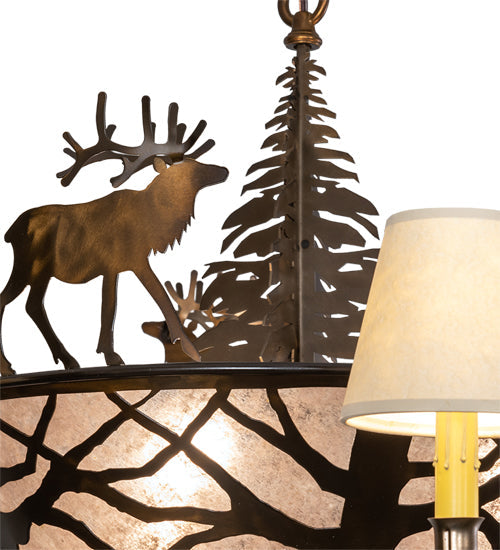 Meyda Lighting Elk on the Loose 35" 8-Light Antique Copper Chandelier With Silver Mica Glass & Aged Celadon Parchment Shade