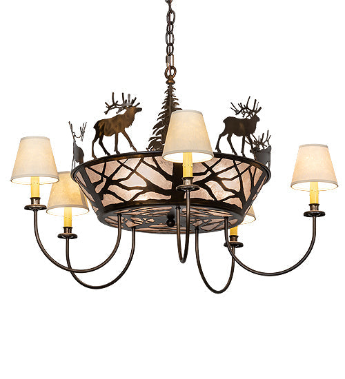 Meyda Lighting Elk on the Loose 35" 8-Light Antique Copper Chandelier With Silver Mica Glass & Aged Celadon Parchment Shade