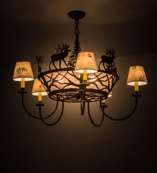 Meyda Lighting Elk on the Loose 36" 8-Light Antique Copper Chandelier With Silver Mica Glass and White Textrene Shade