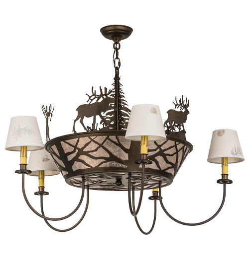 Meyda Lighting Elk on the Loose 36" 8-Light Antique Copper Chandelier With Silver Mica Glass and White Textrene Shade